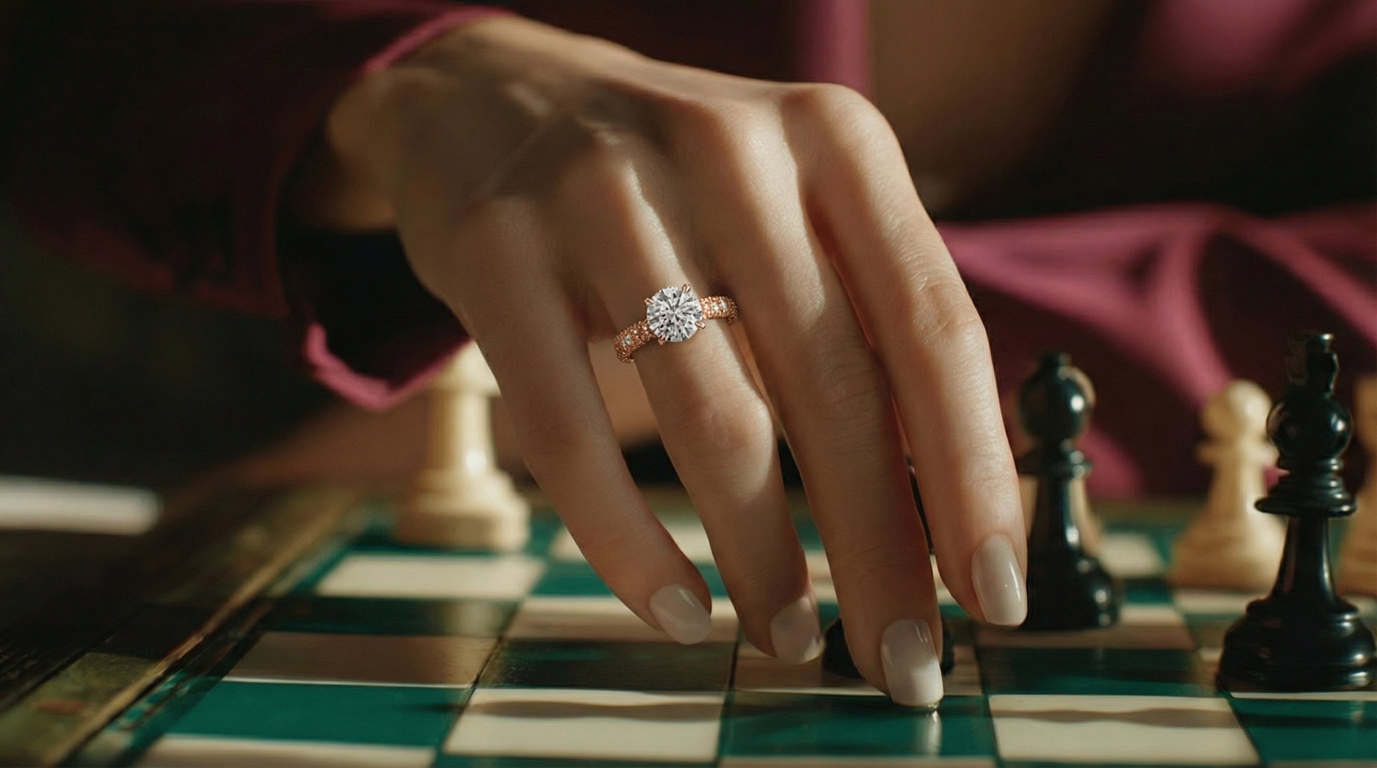 Woman playing chess in elegant purple suit, wearing Pas de Deux's Kitri ring