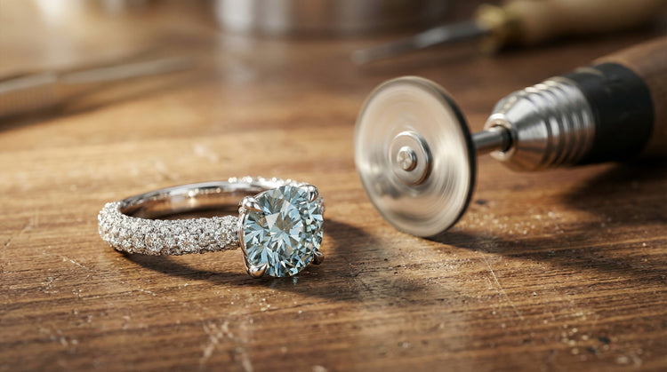 The Pas de Deux Kitri ring laying next to a diamond-shapiung tools on a wooden surface