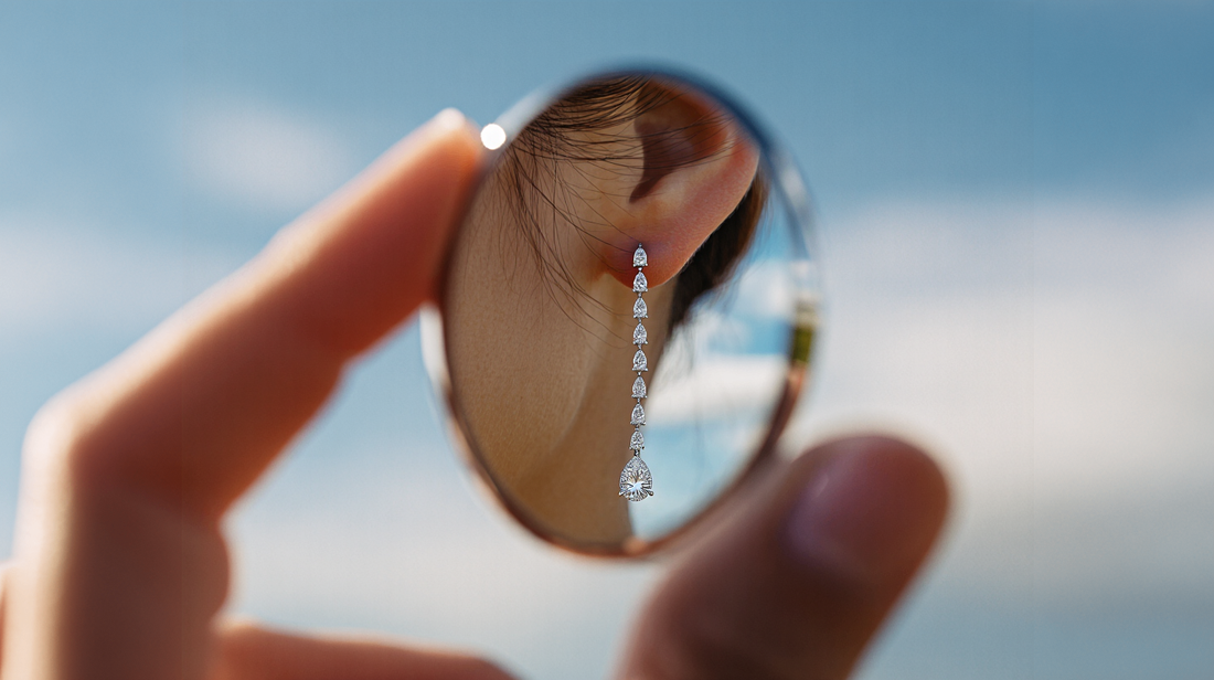 A woman looking at her Pas de Deux earrings in a pocket mirror against a blue sky