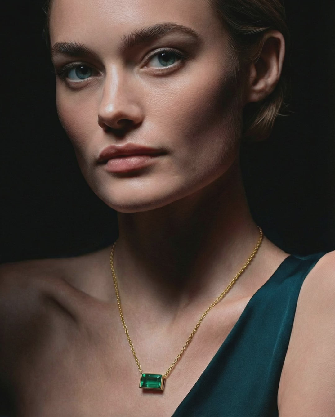 Load video: Woman wearing Pas de Deux's emerald and gold Frenchette necklace