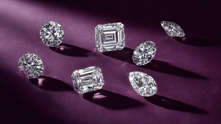 Diamonds of different cuts laying on a Pas de Deux purple surface
